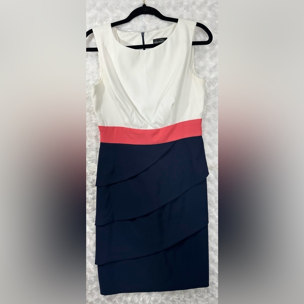 Connected Apparel Womens 6 Pink, White & Blue Asymmetrical V-Neck Sheath Dress